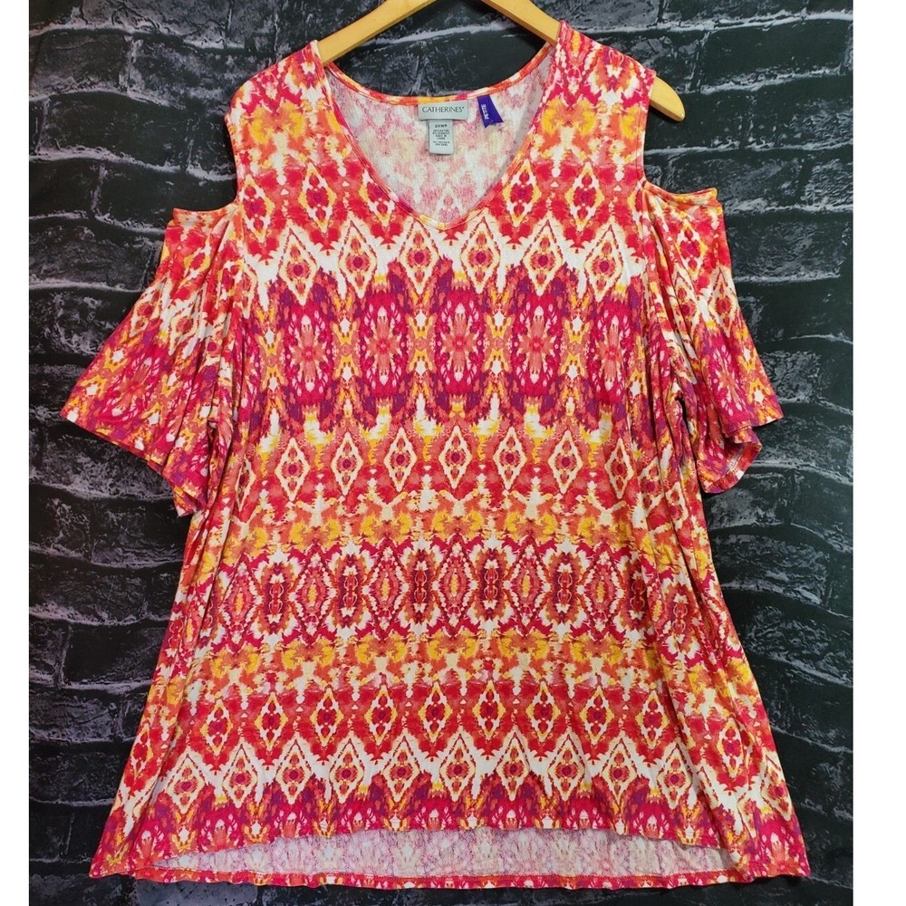Catherines Top Womens Petite 2XWP Pinkโ Orange Psychedelic Tunic Cold Shoulder